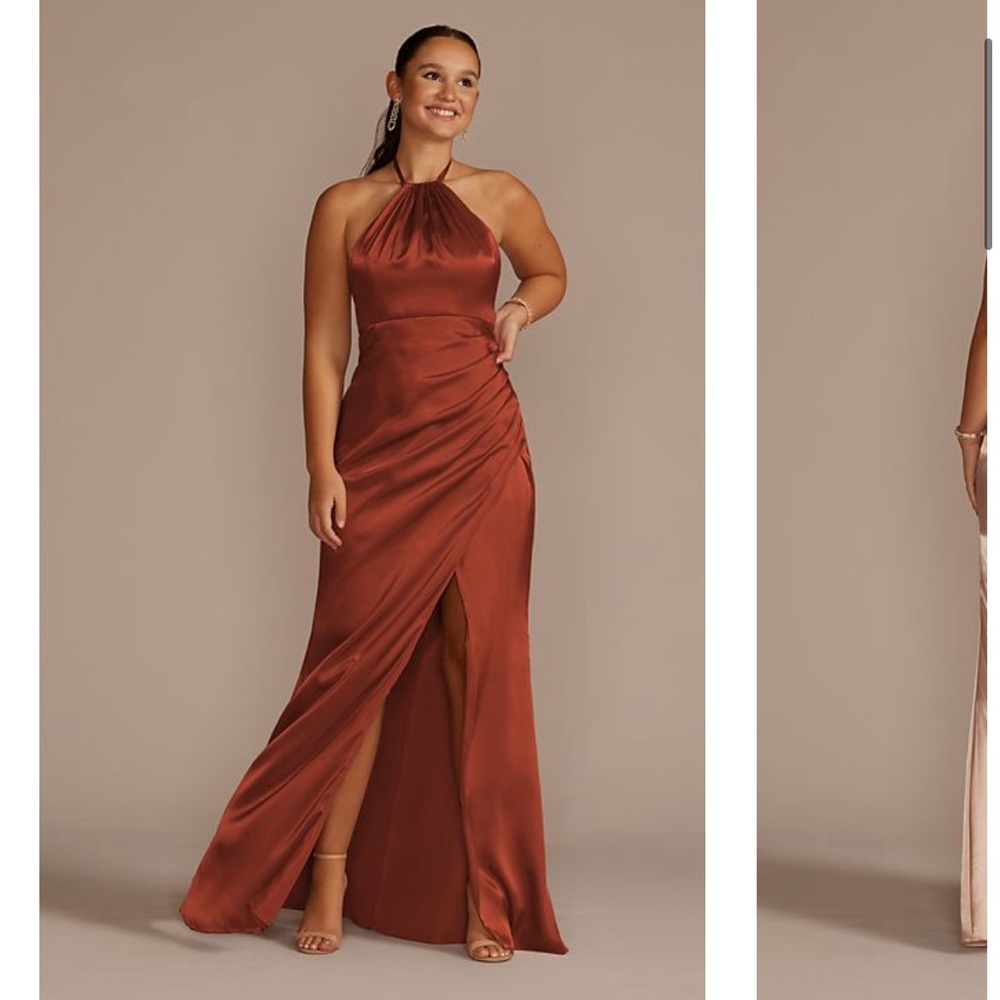 Tie-neck charmeuse halter bridesmaid dress:            style# GS290121
